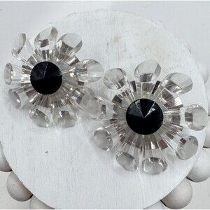 Large Clear Lucite Flower Earrings Black Center Retro Spring Statement Kitschy